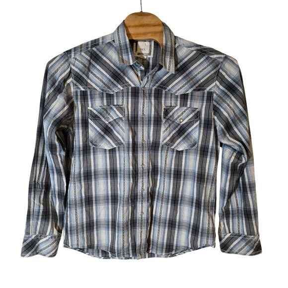 BKE Slim Fit Pearl Snap Button Up Shirt XL Long Sleeve Gray‎ Blue Plaid Western - Picture 2 of 5